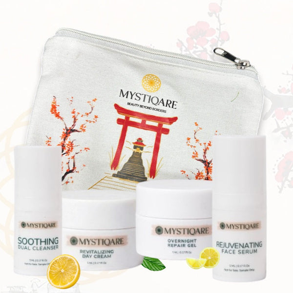 Mystiqare skincare travel kit with pouch on a white background