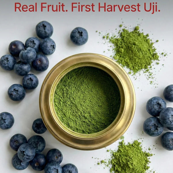 Gold container of green powder with blueberries and more green powder on a white background, featuring 'Real Fruit. First Harvest Uji.