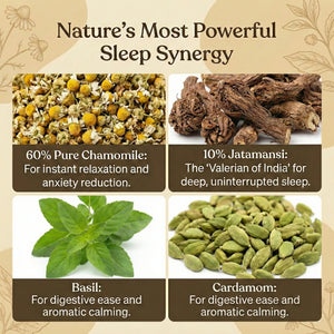 Herbal ingredients for sleep synergy with labels and text on a beige background
