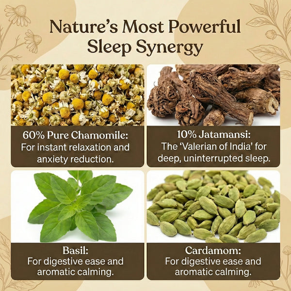 Herbal ingredients for sleep synergy with labels and text on a beige background