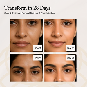 Before and after comparison with Mystiqare Rejuvenating Face Serum indicating transformation over 28 days.